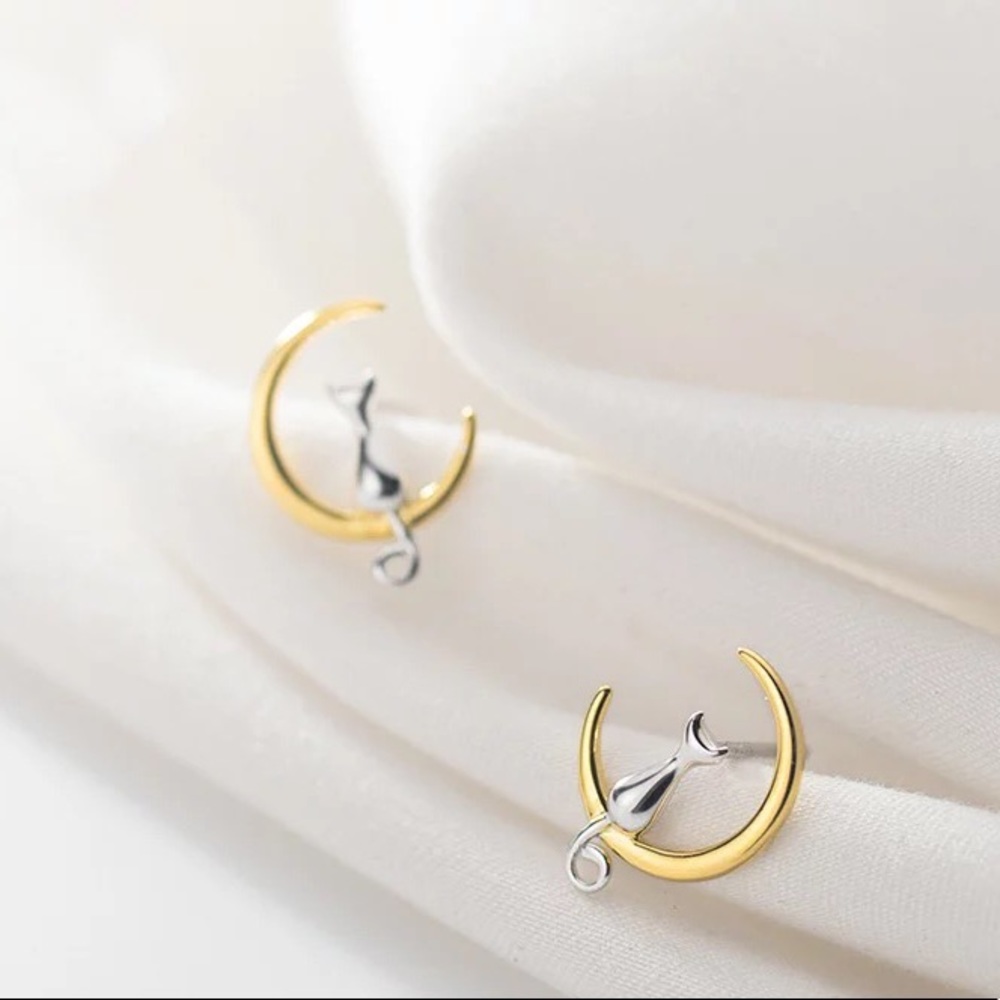 New Sterling Silver 925 Cat & Crescent Moon Earrings set
